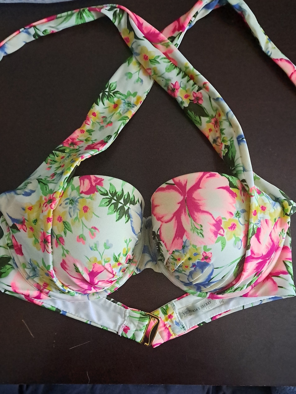 Victoria's Secret White Bikini Top with Pink and Yellow Floral Pattern